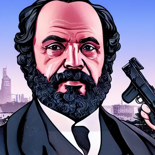 Image similar to Karl Marx in GTA V, Cover art by Stephen Bliss, boxart, loading screen