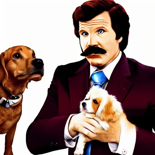 Image similar to sketch of ron burgundy holding his dog