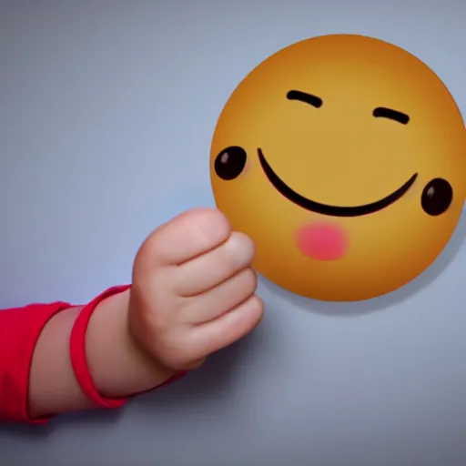 Prompt: child drawing of smiling emoji face with red eyes thumb up and red eyes.