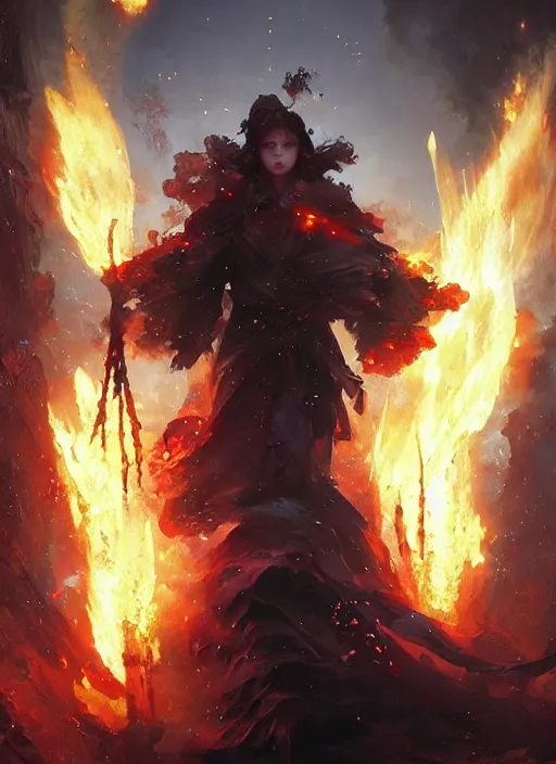 Image similar to 4k fire spell , art by greg rutkowski, art by craig mullins, art by thomas kincade, art by Yoshitaka Amano