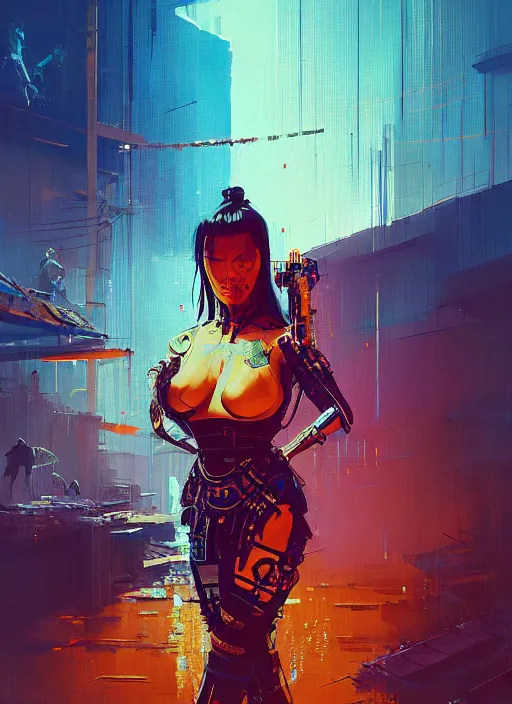 Image similar to tia carrere as cyberpunk samurai, golden and blue hour, by ismail inceoglu