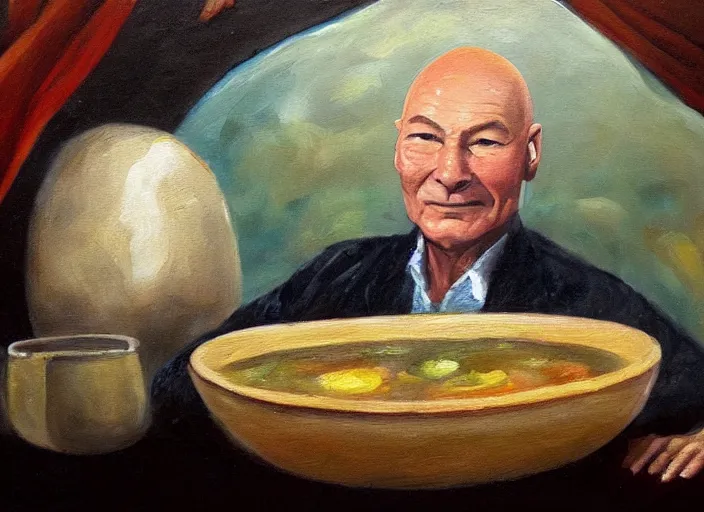 Prompt: an oil painting of patrick stewart sitting inside a big bowl of stew