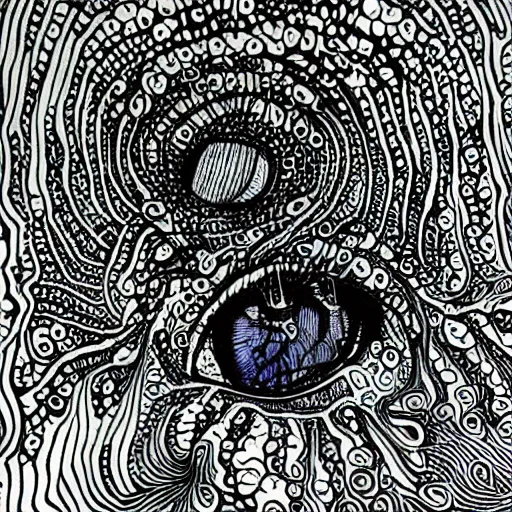 Image similar to hundreds of eyeballs, pen and ink, psychedelic, eerie, surreal, very detailed