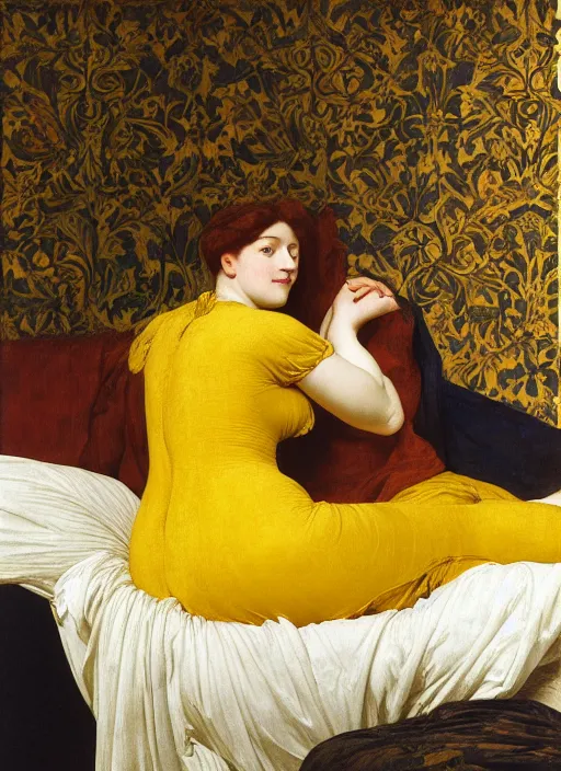 Image similar to masterpiece portrait of lady reclining on bed wearing yellow ochre ornate medieval dress, vertical, foreshortening, colour photography by frederic leighton, william morris, 8 k