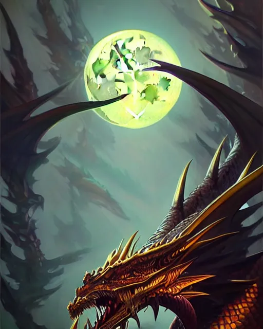 Prompt: a potrait of a fantasy moon dragon, dragon, fine details. night setting. realistic shaded lighting poster by ilya kuvshinov katsuhiro, artgerm, jeremy lipkin and michael garmash, unreal engine, radiant light, detailed and intricate environment