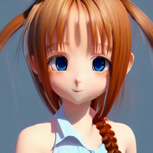 Prompt: Render of a very beautiful 3d anime girl, long hair, hazel eyes, cute freckles, full round face, school girl, short smile, cute sundress, golden hour, medium shot, mid-shot, highly detailed, trending on Artstation, Unreal Engine 4k