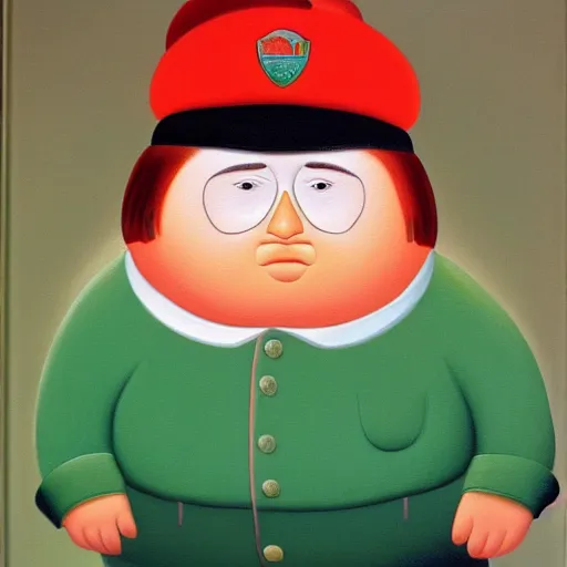 Image similar to a fernando botero painting of eric cartman, oil on canvas, art