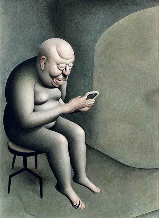 Image similar to man sitting on chair looking at his smartphone, hysterical, sweat, fat, frustrated, art by gertrude abercrombie hans bellmer and william blake