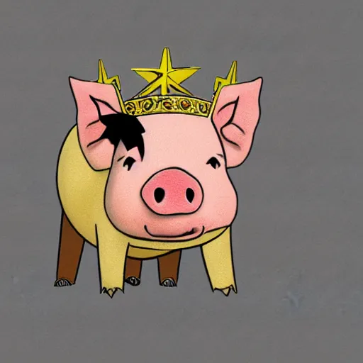 Image similar to concept sketch of a pig wearing a gold crown 1940s cartoon, super realistic, 8k