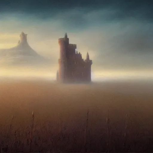 Prompt: A haunting castle stands over a misty orchard during sunrise. A matte painting in the style of Wayne Barlowe, by Zdzisław Beksiński.