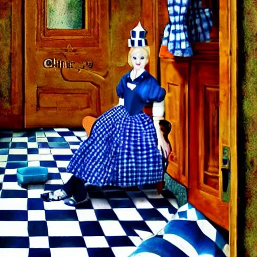 Prompt: alice in the wonderland, sitting, checkered floor, chair, blue dress, door blonde by cheval michael