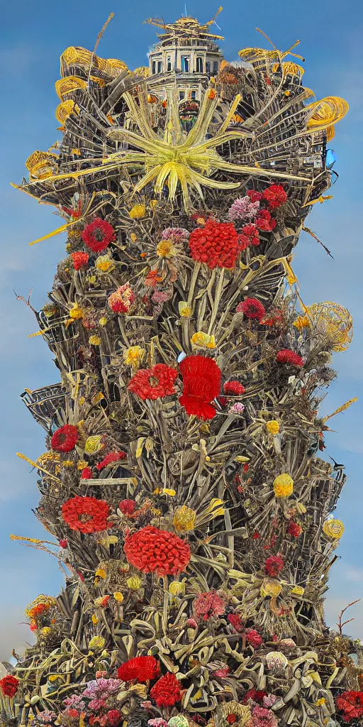 Prompt: colossal Beelzebub flower in the middle of post soviet constructivist cityscape, Stalinist architecture, brutalist architecture, ultradetailed, Intricate by James Jean and Giuseppe Arcimboldo