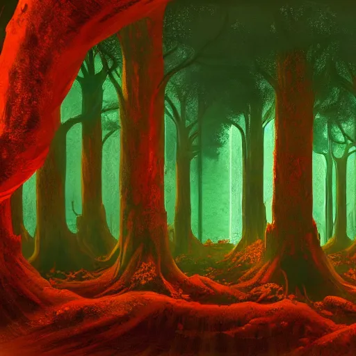 Prompt: vfx wide-shot-Exterior of the tutela of the Mesophytic Vermillion Grove, imagistic sky, by Cortes Thurman the greatest contranatural-concept artist ever known, Wide Shot in symmetrical Ultra HD