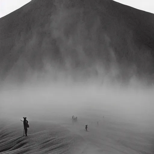 Prompt: an indigenous crowd of shamans guiding spiritual healers human mountain in sandstorm, sebastiao salgado