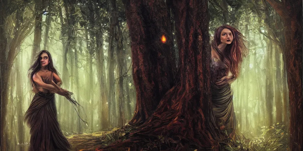 Image similar to Mavka, the mythological spirit of the forest, hiding behind trees in the dark, glowing eyes, oil painting, dramatic lighting, smooth, sharp focus, extremely detailed, exquisite