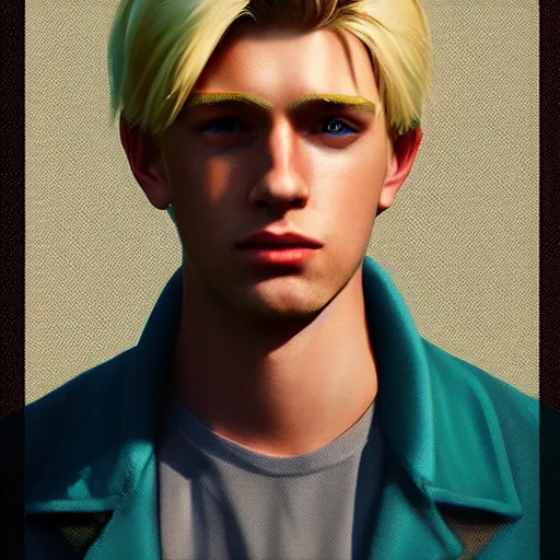 Prompt: A videogame portrait of a blond young Irish man. Dressed in 1980s style. Highly detailed, fine Art, high detail, great lighting, 8k resolution, masterpiece, concept art, illustration, clear eyes, painting oil on canvas, octane render, HDR, trending on artstation, 4k, 8k, HD