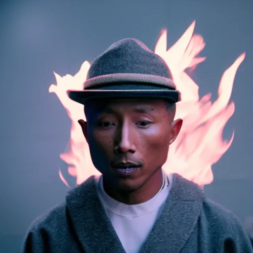 Image similar to cinematic film still Pharrell Williams starring as a Samurai holding fire, Japanese CGI, VFX, 2003, 40mm lens, shallow depth of field,film photography