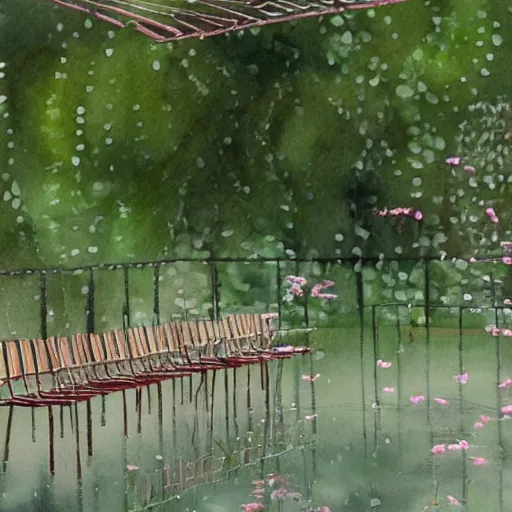 Prompt: delicate rain, symmetric artwork, chairs, garden, paved, botanic watercolors, iridescent, 8 k, realistic shaded, fine details, artstation, italian, iron gate, tree, mediterranean, marvelous