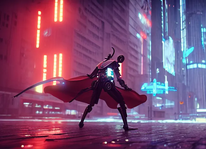 Image similar to 3 5 mm portrait photo of general grievous fighting obi wan kenobi in the city in the rain. cyberpunk horror in the style of george lucas. unreal engine render with nanite and path tracing.