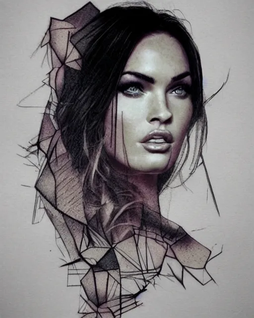 Image similar to double exposure effect tattoo sketch of a megan fox faded with a beautiful mountain scenery, in the style of matteo pasqualin, amazing detail, sharp