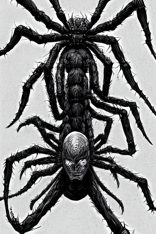 Image similar to spider humanoid figure monster, symmetrical, highly detailed, digital art, sharp focus, trending on art station, kentaro miura manga art style