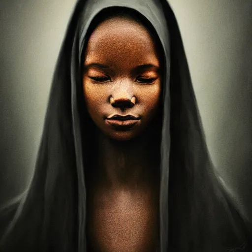 Image similar to a portrait of a young black woman wearing a long dark cloak, hood and shadows covering face, anatomically correct, beautiful perfect face, enigmatic, oil painting, matte painting, black background, Volumetric dynamic lighting, Highly Detailed, Cinematic Lighting, Unreal Engine, 8k, HD, by Beksinski