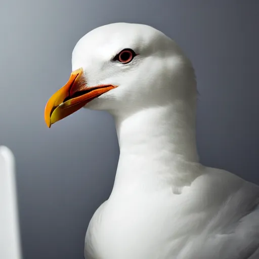 Prompt: an angry seagull typing at a computer in it's bedroom, close up, studio portrait