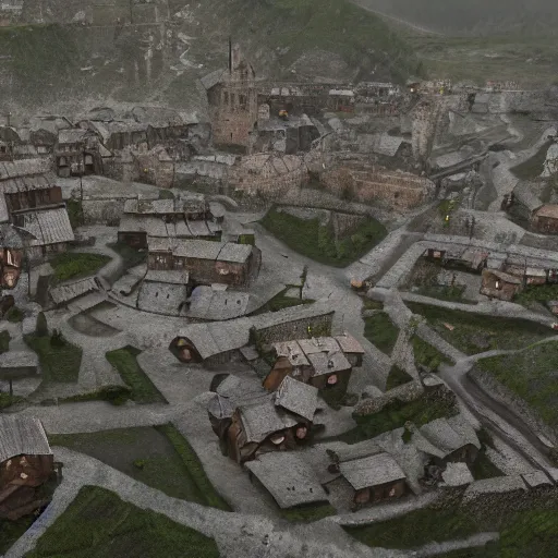 Image similar to the center of a poor medieval town under heavy rain at late night, in a valley, surrounded by mountains, highly detailed, octane render, ultra detailed cinematic, 8 k, widescreen, 1 6 : 9, hd