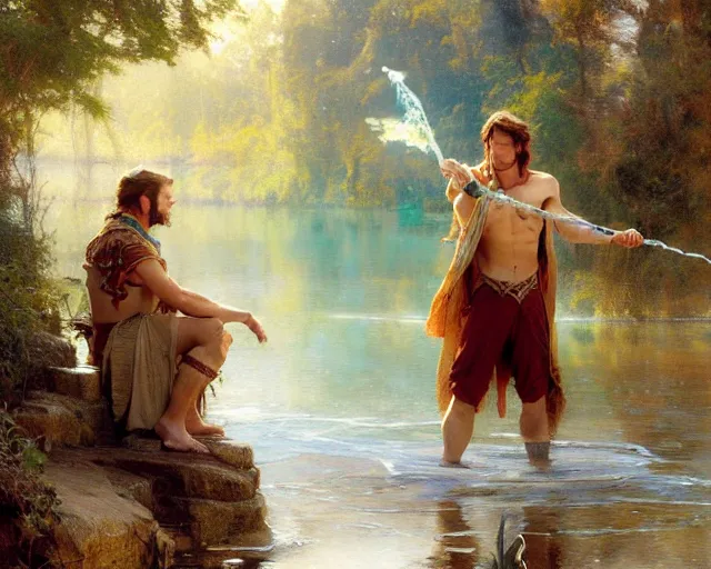 Image similar to attractive male wizard casting water spell in a beautiful lake. highly detailed painting by gaston bussiere, craig mullins, j. c. leyendecker 8 k