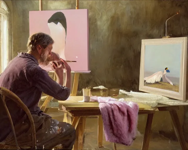 Image similar to an exhausted painter in his studio painting a picture of a pink penguin - key lighting, soft lights, foggy, by steve hanks, by lisa yuskavage, by serov valentin, by tarkovsky, 8 k render, detailed, oil on canvas