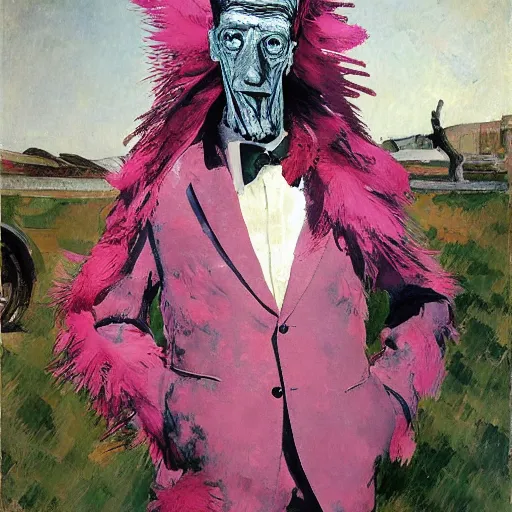 Image similar to shredded physique feathered tall neck beak Portrait of Samuel Beckett camouflaged as Flamingo whilst wearing a pink tuxedo Standing atop a Garbage Truck Greg Rutkowski Vik Muniz Paul Cezanne Andrew Wyeth Dan Witz