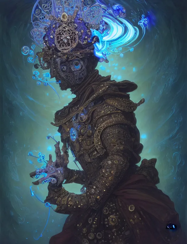 Image similar to front shot of a court jester character, hyperdimensional, bioluminescent hypercubes, dark holography!!!, (((intricate))), elegant, highly detailed, centered, (((artstation, concept art, smooth, sharp focus, artgerm, Tomasz Alen Kopera, Peter Mohrbacher, donato giancola, Joseph Christian Leyendecker, WLOP, Boris Vallejo))), mugshot!!!!!, ugly!!!!!!, octane render, nvidia raytracing demo, octane render, nvidia raytracing demo, octane render, nvidia raytracing demo, grainy, muted, 8K, digitalblasphemy, metatron