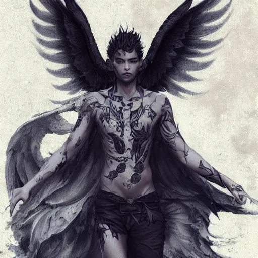 Image similar to beautiful androgynous fallen angel with tattoos on his body falling through the sky, intricate, hd, high detailed, 4 k, art by greg rutkowski