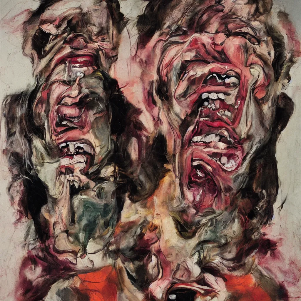 Prompt: oil painting by francis bacon and jenny saville portrait of todd solondz laughing, extremely bizarre disturbing, intense chiaroscuro lighting perfect composition masterpiece intense emotion