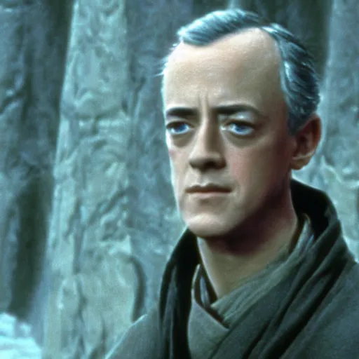 Image similar to film still of young alec guiness as a jedi in new star wars movie, lighting, highley detailled, kodak film