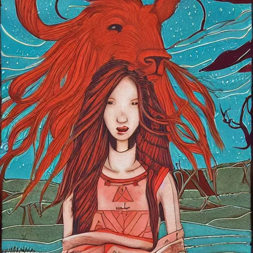 Image similar to navajo red by zeen chin, by sam bosma placid, bleak. a beautiful street art of a woman with long flowing hair, wild animals, & a dark, starry night sky.