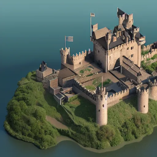 Image similar to isometric hyper real rendering of a sprawling castle, octane, c 4 d, cinematic