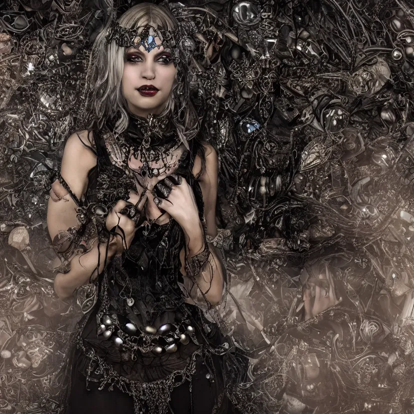 Image similar to A stunning Gothic goddess of jewels in an empty land, dark and mysterious, atmospheric, ominous, eerie, cinematic, Epic, 8k, 4k, ultra detail, ultra realistic, rendered by awesomeness