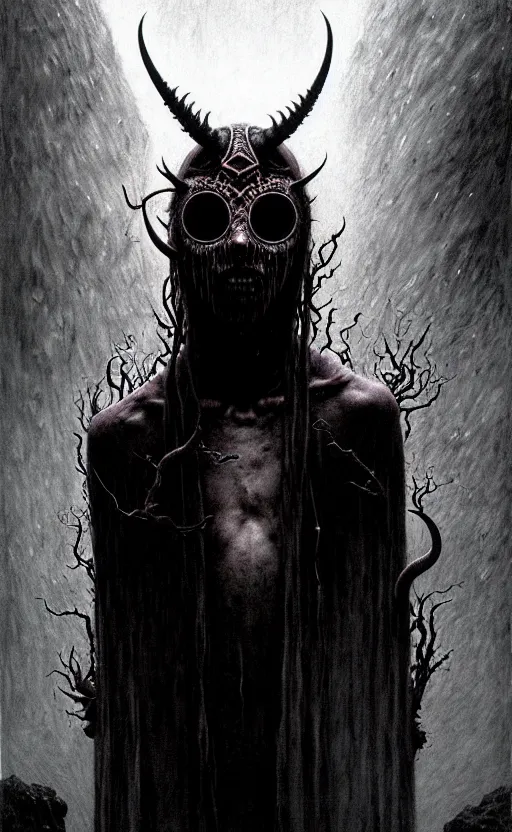 Prompt: a striking full body portrait of a pitch black masked eldritch shaman with jagged black horns by moebius and beksinski and artgerm, detailed artwork, realism, 4 k resolution, detailed, high quality, sharp focus, hq artwork, insane detail, volumetric lighting, character concept art, fine details, tarot card, clear subject