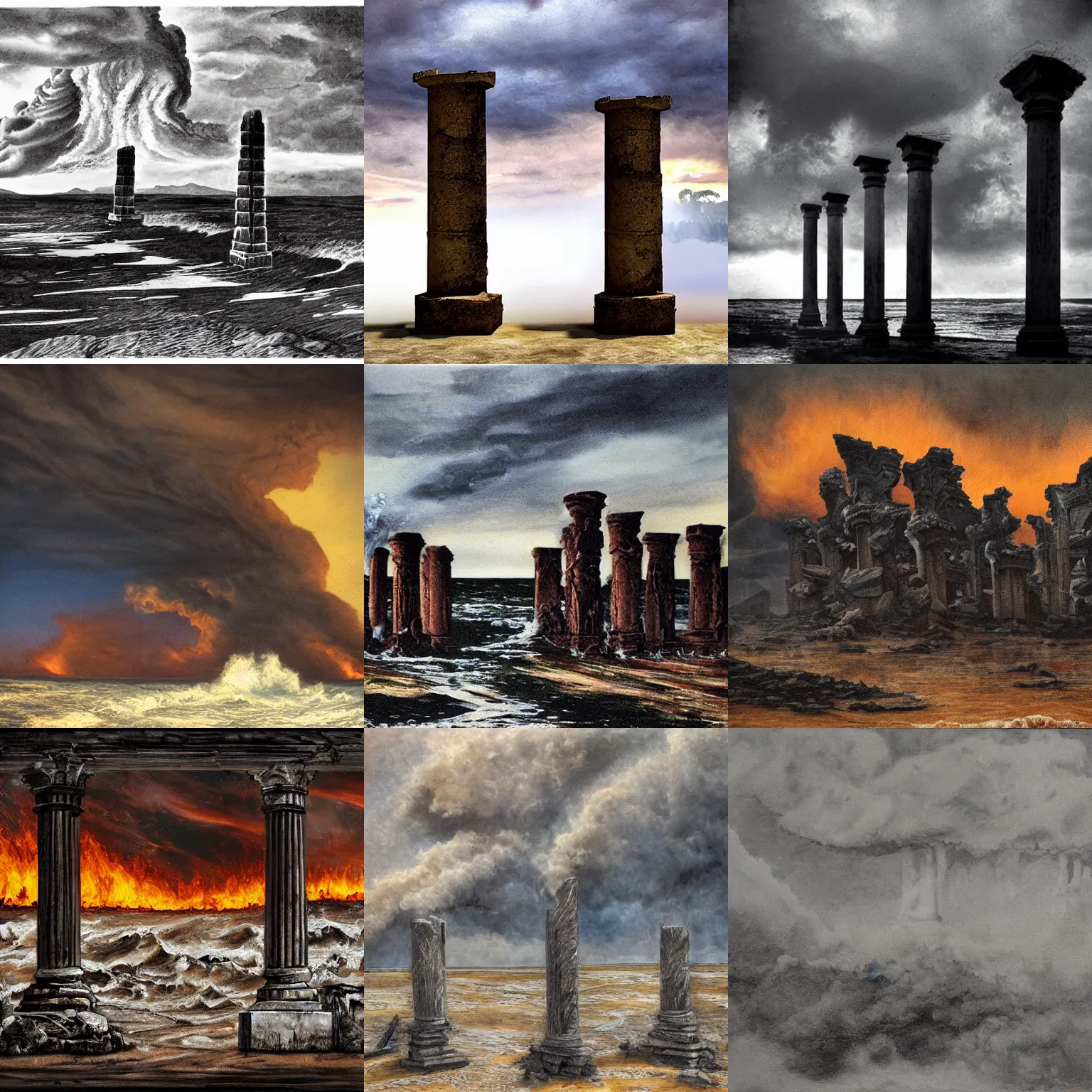Prompt: crumbling pillars supporting the sky over great conflagration and a raging water, realistic, highly detailed, apocalyptic