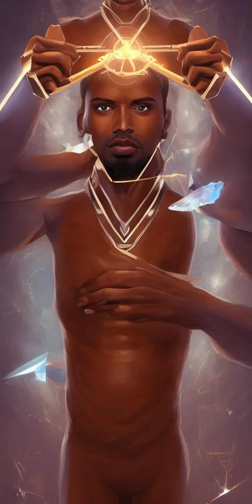 Image similar to symmetry!! brown skin man egyptian prince holding scepter of power, solid cube of light, hard edges, product render retro - futuristic poster scifi, lasers coming from eyes, brown skin man egyptian prince, intricate, elegant, highly detailed, digital painting, artstation, concept art, smooth, sharp focus, illustration, dreamlike, art by artgerm