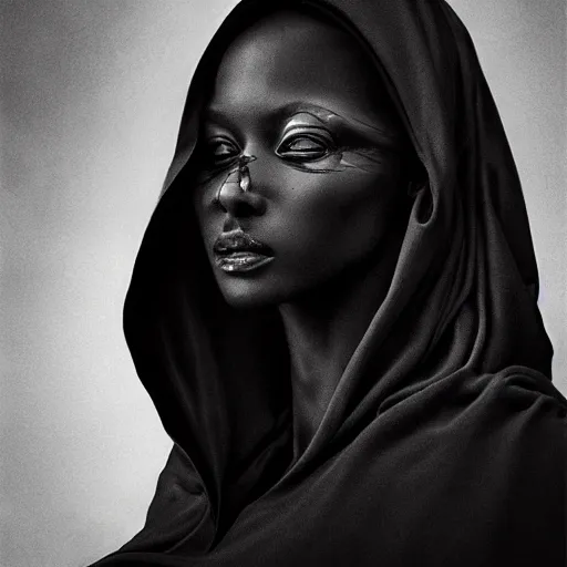 Image similar to a portrait of a young black woman wearing a long dark cloak, hood and shadows covering face, anatomically correct, beautiful perfect face, enigmatic, oil painting, matte painting, black background, Volumetric dynamic lighting, Highly Detailed, Cinematic Lighting, Unreal Engine, 8k, HD, by Beksinski