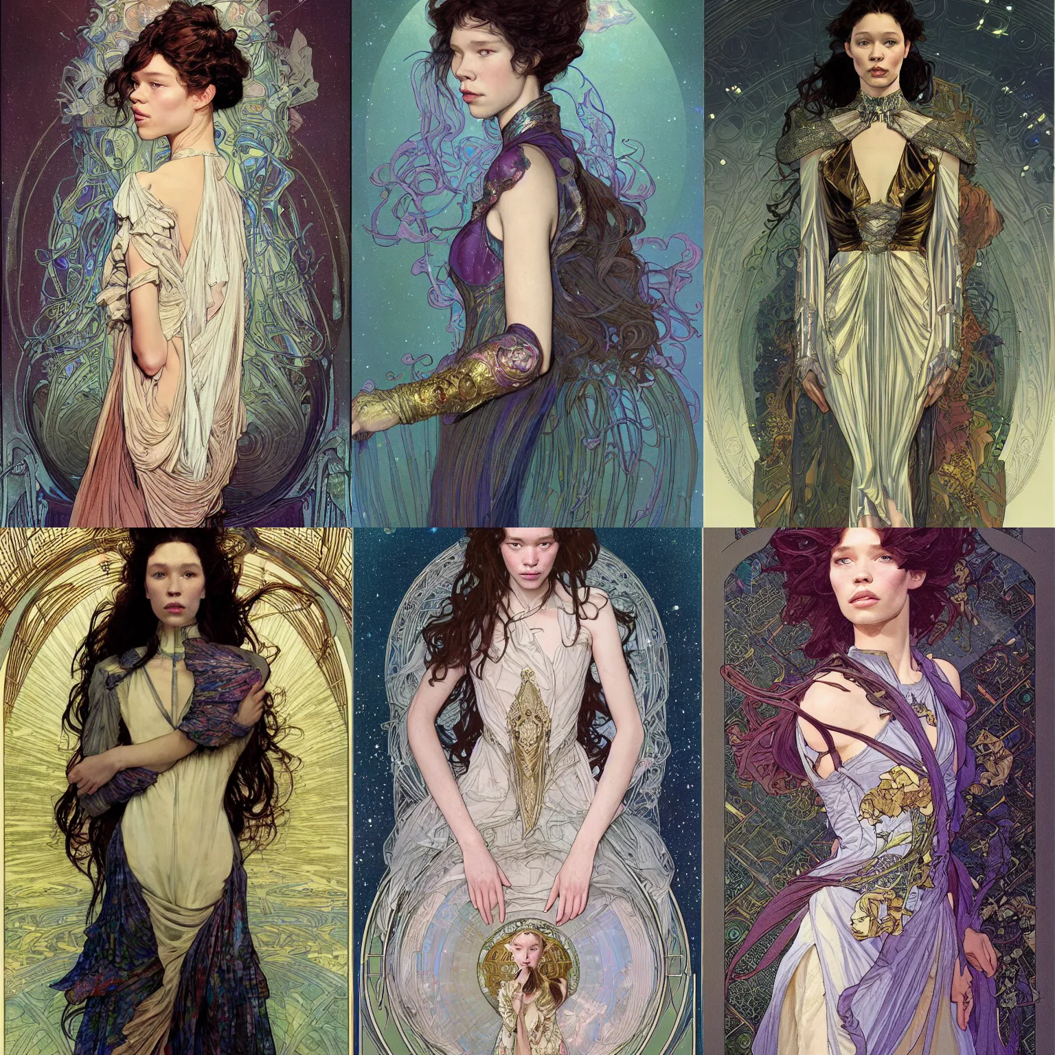 Prompt: masterwork portrait of astrid berges frisbey, wearing a dress made out of space, behance hd artstation, by moebius, alphonse mucha, ayami kojima, amano, greg hildebrandt, and mark brooks, feminine, female, art nouveau, neo - gothic, character concept design, dynamic light, stylised illustration, disco elysium