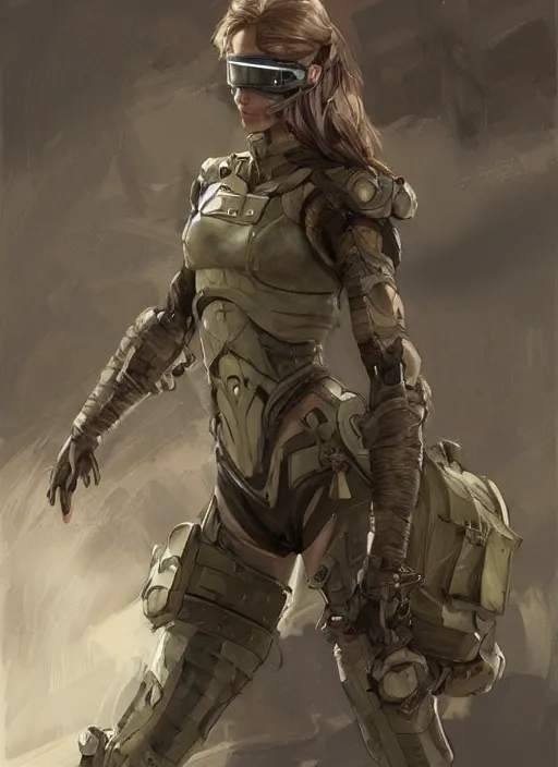 Image similar to a professional painting of a beautiful young female, clothed in stealth armor, nightvision goggles, olive skin, long dark hair, beautiful bone structure, symmetrical facial features, intricate, elegant, digital painting, concept art, smooth, sharp focus, illustration, from Metal Gear, by Ruan Jia and Mandy Jurgens and Artgerm and William-Adolphe Bouguerea