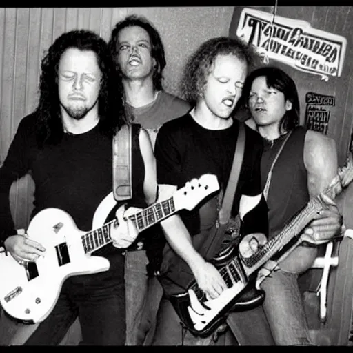 Prompt: vintage photo of Metallica performing at a Taco Bell, 1993