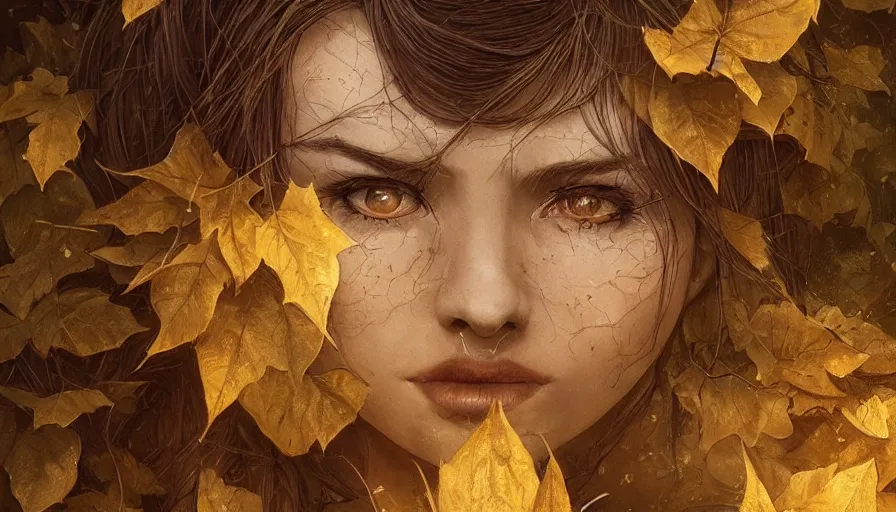 Image similar to golden leaves at frame border, creative!!! composition for a book cover!!!, absurdly beautiful, ultrafine hyperrealistic detailed old!! witch face by wlop and artgerm and greg rutkowski, intricate linework, sharp focus, smooth, octopath traveler, final fantasy, unreal engine, dramatic lighting, ethereal, 8 k