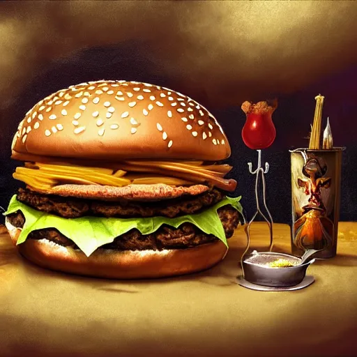 Image similar to mythological Odin all father god of thunder and artificial intelligence creating an artificial neural network inside a big mac, serving burgers, eating rack of ribs, bbq sauce, high resolution, award winning art, trending on art station, sharp image, incredibly detailed, odin all father detailed character, realistic painting