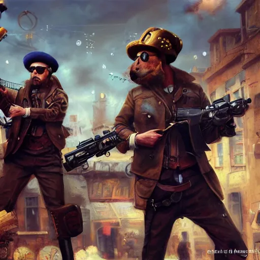 Prompt: oil painting of two hamsters holding guns, berets, medium shot, steampunk clothes, steampunk city background, sharp focus, fantasy style, octane render, volumetric lighting, 8k high definition, by greg rutkowski, highly detailed, trending on art Station, explosions, centered