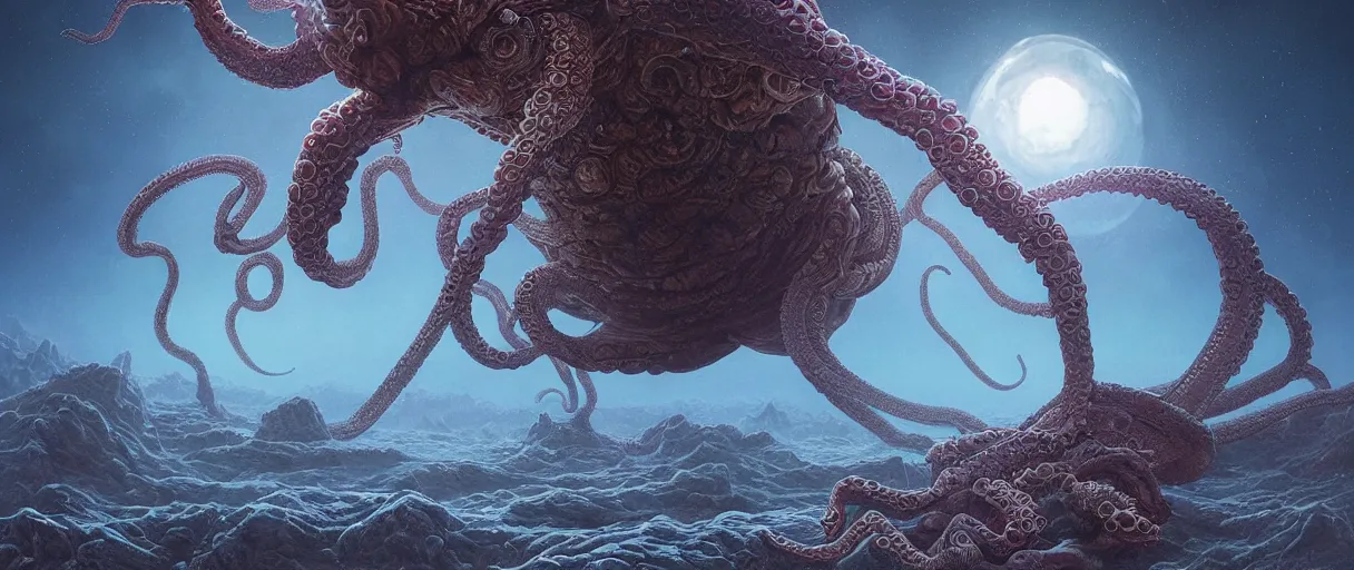 Prompt: detailed hyper realistic alien octopus demigod which looks deeply intimidating, menacing alien snake fighting giant spiders, floating island on a barren exoplanet, beautiful dramatic moody lighting, cinematic atmosphere, by Jean Giraud, Alex Grey, Zdzislaw Beksiński, Dan Mumford, Patiphan Sottiwilaiphong, Yintion J - Jiang Geping