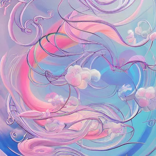 Image similar to a swirl of pastel color with large painting strokes with flowers flying through a blue and pink sky 3 d art abstract, art nouveau 3 d, baroque, expressionism, illustration, lowbrow, manga, pop